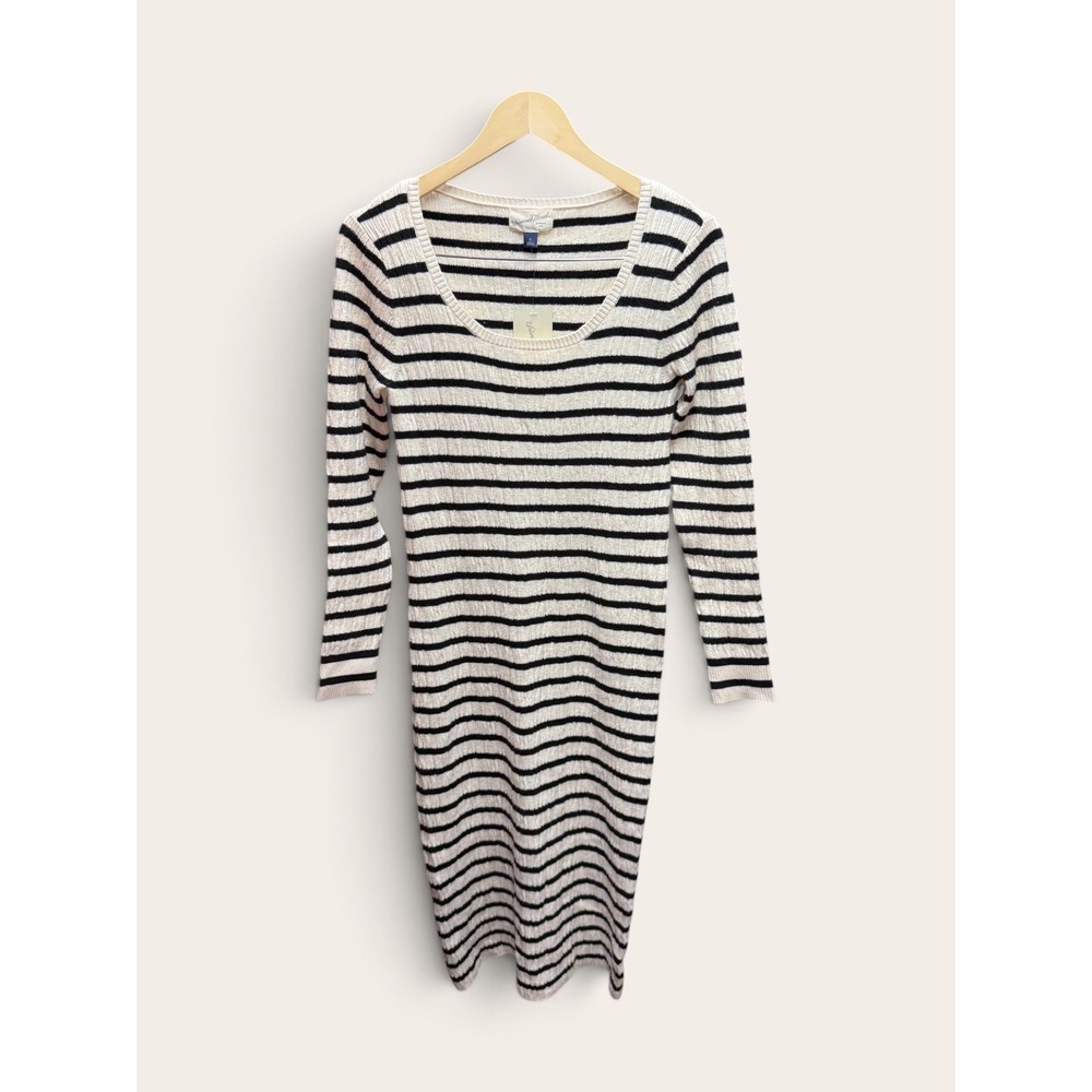 Universal Thread Cream Black Striped Ribbed Long Sleeve Midi Sweater Dress S